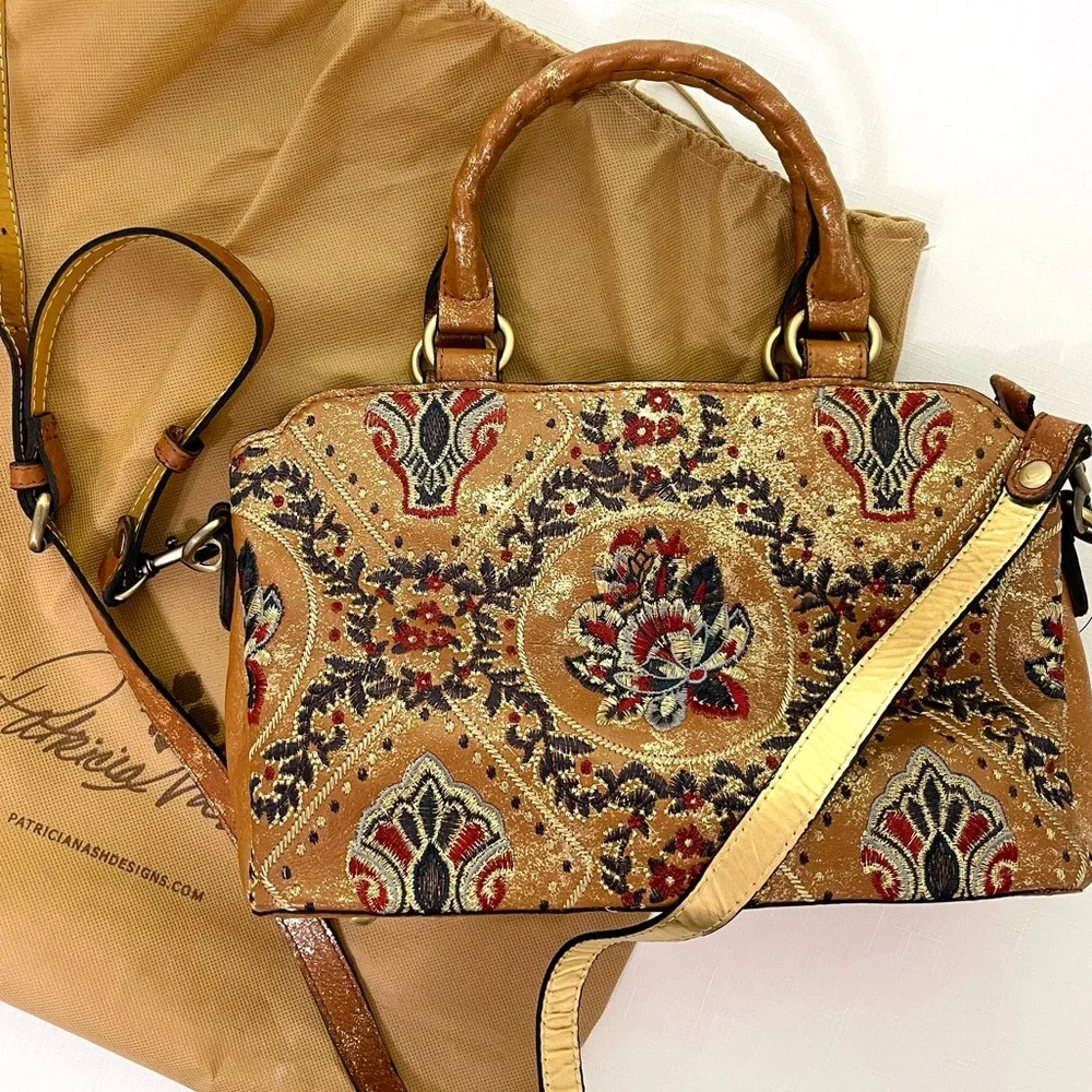 PATRICIA NASH crossbody tote Provincial Embroidery Collection ANGELIN Tan Gold - Picture 1 of 16